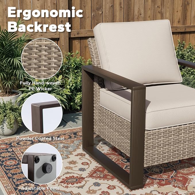 Joyside Outdoor Patio Chairs, 6 Pieces Wicker Rattan Furniture Set, 4 Patio Chairs and 2 Ottoman, Metal Wide Armrest, Thick Cushions and Deep Seating for Garden, Backyard, Porch, Deck