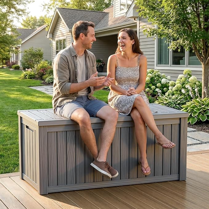 ROJIK 150 Gallon Outdoor Storage Box Waterproof,Weatherproof Deck Boxes Outdoor Lockable,Resin Outside Storage Box for Garden Tools,Cushions,Pool Accessories(Grey,150 Gal)
