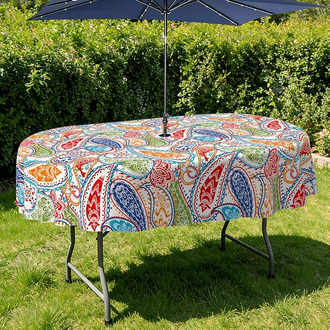 Outdoor Tablecloth with Umbrella Hole Elegant Zipper Patio Table Cloth for Outdoor Patio Garden Yard Decor