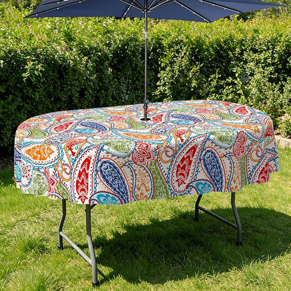 Outdoor Tablecloth with Umbrella Hole Elegant Zipper Patio Table Cloth for Outdoor Patio Garden Yard Decor