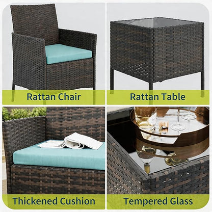 3-Piece Outdoor Furniture Set, PE Rattan Wicker Chairs with Soft Cushions & Tempered Glass Coffee Table - All-Weather Patio Set for Garden, Backyard, Porch, Poolside (Brown/Dark Blue)
