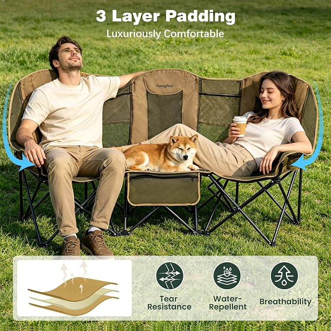 SUNNYFEEL 3 Person Camping Chair Oversized Loveseat for Adults | 1050LBS Heavy Duty Folding Couch with 2 Cup Holder Padded Headrest, Storage Pockets & Carry Bag for Camping/ Lawn/ Backyard