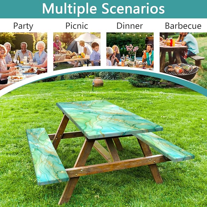 Marble Picnic Table Cover with Bench Covers 6FT, Camping Essentials, Teal Turquoise Gold Waterproof Windproof Oilproof, Fitted Tablecloth Cover with Elastic Edge for Outdoor Garden 3 PCS 30x60 Inch