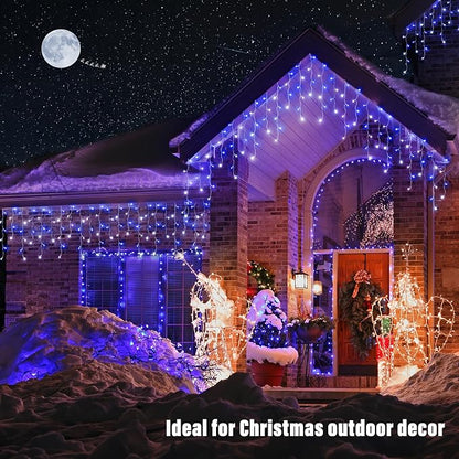 Joomer 66FT Christmas Icicle Lights Outdoor Non-Connectable White & Blue | 100 Drops 8 Modes Timer Waterproof Plug-in String Light for Christmas Party, holiday Eaves Roof Xmas Decorations