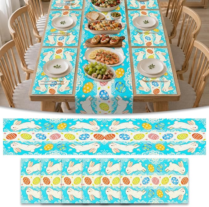 Nuxovilar Tablerunner and Placemats Set of 7 Blue Pattern Easter Bunny & Egg Design Linen Square Placemats for Dining Dining Sets and Accessories Easter Party, Family Meal, Kids