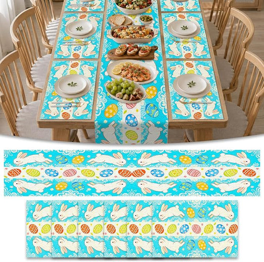 Nuxovilar Tablerunner and Placemats Set of 7 Blue Pattern Easter Bunny & Egg Design Linen Square Placemats for Dining Dining Sets and Accessories Easter Party, Family Meal, Kids