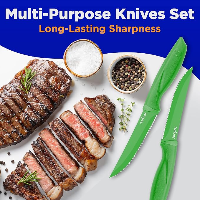 NutriChef Steak Knife Set of 8 - Premium Serrated Stainless Steel Kitchen Knife Set - Ergonomic Design, Sharp Blades, Non-Stick, & Rust-Resistant - Perfect for Home, BBQ's & Restaurants Green