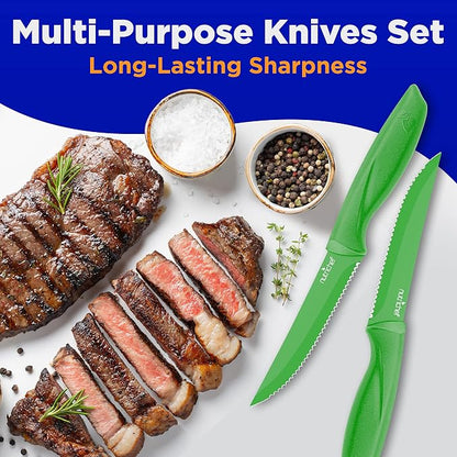 NutriChef Steak Knife Set of 8 - Premium Serrated Stainless Steel Kitchen Knife Set - Ergonomic Design, Sharp Blades, Non-Stick, & Rust-Resistant - Perfect for Home, BBQ's & Restaurants Green