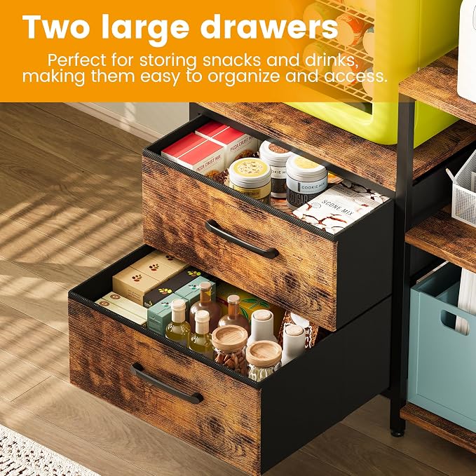 Homeiju Mini Fridge Stand Coffee Bar Cabinet with Power Outlet | Baker Rack with 5 Storage Shelves and 2 Large Drawers, Mini Fridge Shelf for Kitchen, Living Room, Office, Rustic Brown