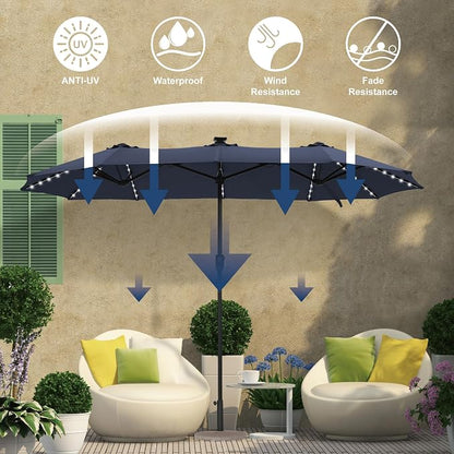 HERA'S PALACE 13 ft Patio Umbrella with 120 LED Solar Lights Double Sided Outdoor Umbrella for Patio 8 Colors Changing Table Umbrella for Garden Pool, Navy Blue