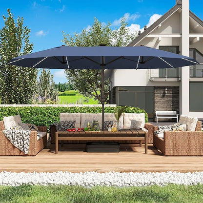 GDPFN 15ft Large Patio Umbrella with Solar Lights, Outdoor Double-Side Rectangular Umbrella with Base Included, Backyard Pool Umbrella with LED Light for Deck, Outside, Market, Navy