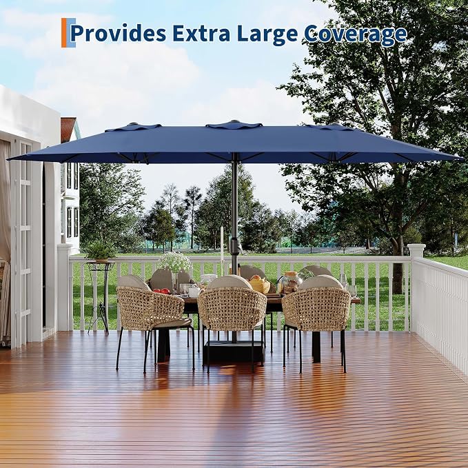 Garvee 15 ft Rectangular Patio Umbrella with Base Included - Large Patio Umbrella with Crank Handle, UV Protection for Outdoor Market, Backyard, Pool - Navy Blue | Rectangular Large Patio Umbrella with Crank Handle 48 LED Lights, UV Protection for Outd...