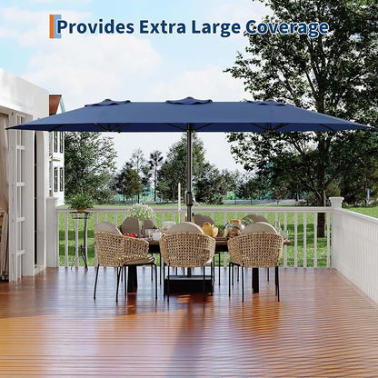 Garvee 15 ft Rectangular Patio Umbrella with Base Included - Large Patio Umbrella with Crank Handle, UV Protection for Outdoor Market, Backyard, Pool - Navy Blue | Rectangular Large Patio Umbrella with Crank Handle 48 LED Lights, UV Protection for Outd...
