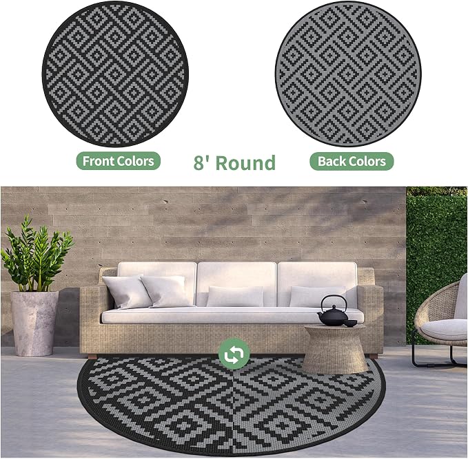 GENIMO Outdoor Rug, Waterproof Plastic Rugs for Patio, 8' Round Black Grey | Outside Larger Modern Carpet Mat for Deck Decor, Porch, Balcony, Backyard, Camping, Picnic, Beach, RV, Reversible, Foldable