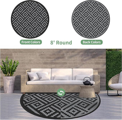 GENIMO Outdoor Rug, Waterproof Plastic Rugs for Patio, 8' Round Black Grey | Outside Larger Modern Carpet Mat for Deck Decor, Porch, Balcony, Backyard, Camping, Picnic, Beach, RV, Reversible, Foldable