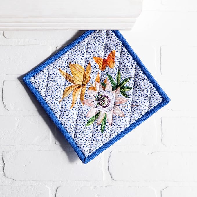 Maison d' Hermine Pot Holders 100% Cotton Heat Resistant Potholders 8" x 8" Hot Pads with Loop BBQ Cooking Baking Hotel Farmhouse Kitchen Handling Hot Pans Spring Summer (Pack of 1, Passiflora)