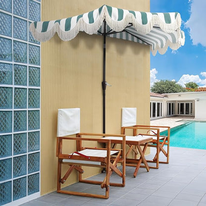 JONATHAN Y Beverly 9 ft. Striped Half Umbrella, Green/Dark Brown | Coastal Scalloped Fringe, Crank Lift, 30 Degree Manual Tilt, UV 50 Polyester Canopy, Aluminum Frame, Space Saving Design