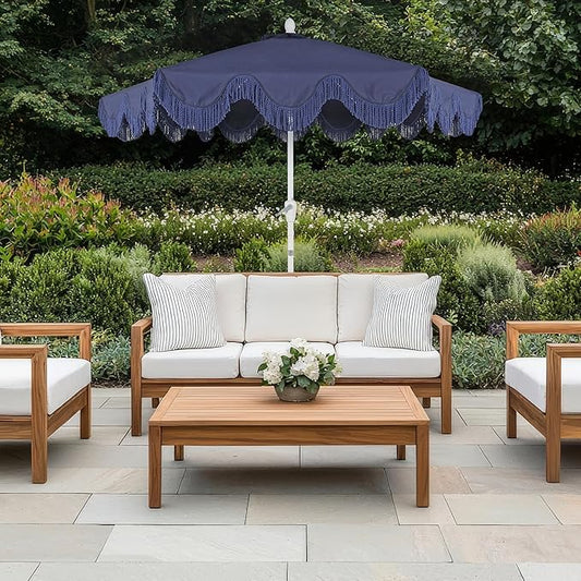 JONATHAN Y UMB1001 Collins 9 ft. Classic Cottage Tassel Market Patio Umbrella with Auto-Tilt, Crank, Wind Vent and UV Protection