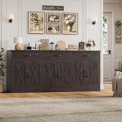 HOSTACK 71" Large Sideboard Buffet Cabinet with Storage, Farmhouse Coffee Bar Cabinet with 3 Drawers, Long Kitchen Buffet Table, Kitchen Sideboard Storage Cabinet for Dining, Living Room, Dark Brown
