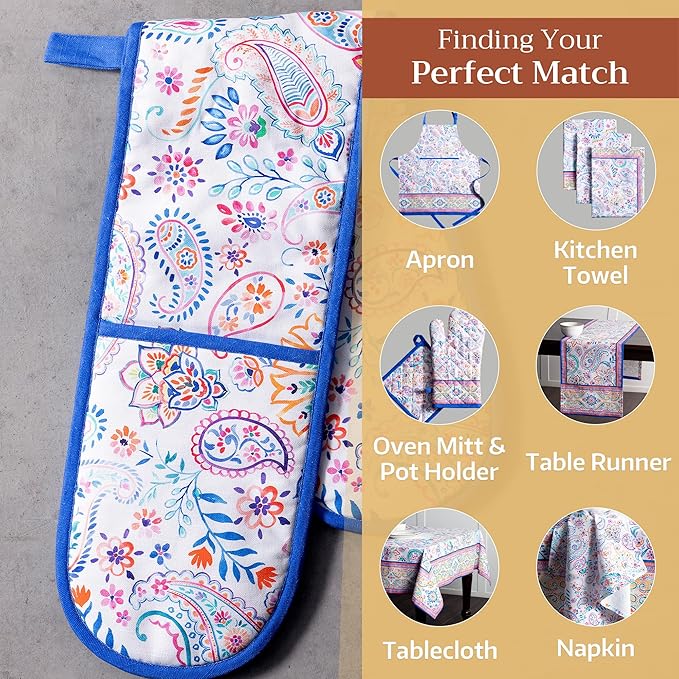 Maison d' Hermine Double Oven Mitts 100% Cotton 7"x35" Double Oven Mitt Heat Resistant BBQ Cooking Gloves with Loop Baking Grilling Kitchen Hotel Home Farmhouse Spring Summer (Indian Floral)