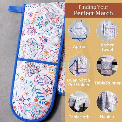 Maison d' Hermine Double Oven Mitts 100% Cotton 7"x35" Double Oven Mitt Heat Resistant BBQ Cooking Gloves with Loop Baking Grilling Kitchen Hotel Home Farmhouse Spring Summer (Indian Floral)