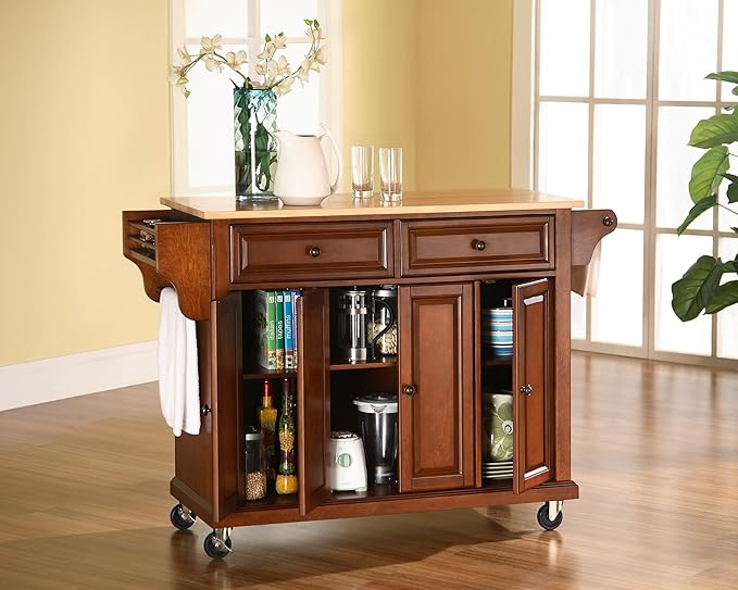 Crosley Furniture Full Size Wood Top Rolling Kitchen Island Storage Cart, Microwave Stand, Spice Rack, Cherry