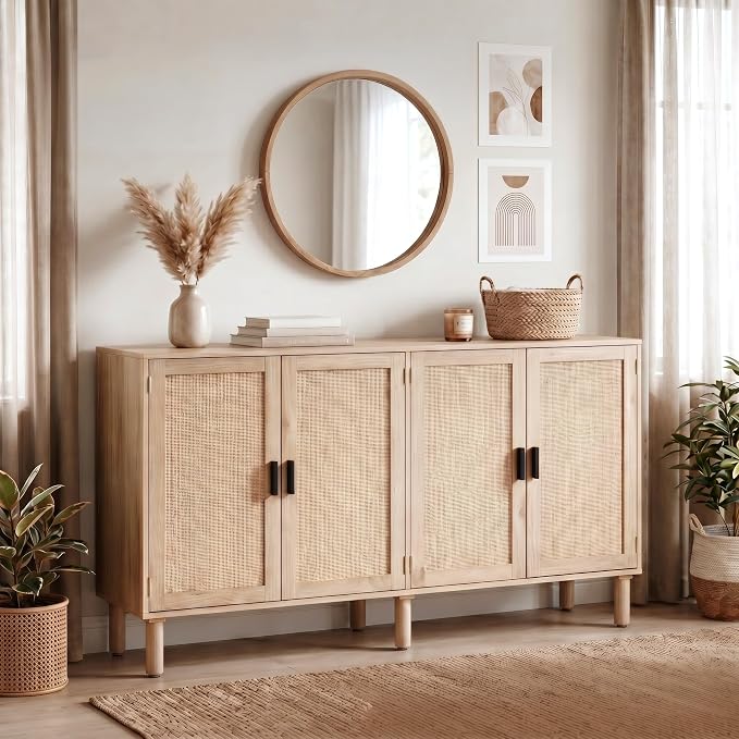 Finnhomy 4 Door Sideboard Buffet Cabinet, Kitchen Storage Cabinet with Rattan Decorated Doors, Cupboard Console Table, Boho Accent Liquor Cabinet for Home Bar, 62.3X 15.7X 34.6 Inches, Natural