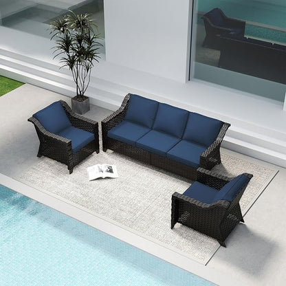 3 Pieces Patio Conversation Furniture Set - 1 Sofa, 2 Armchairs, Outdoor Wicker Furniture with Removable Cushions for Porch, Balcony, Sunroom (Blue)