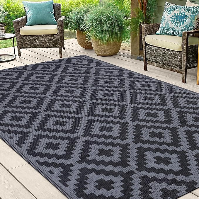 Smiry Outdoor Rug 5x8 ft Waterproof Reversible Boho Mat, Black & Grey | Polypropylene Plastic Straw, Quick Drying, Lightweight Foldable, for Patio, Deck, RV Camping, Backyard and Indoor Outdoor Use