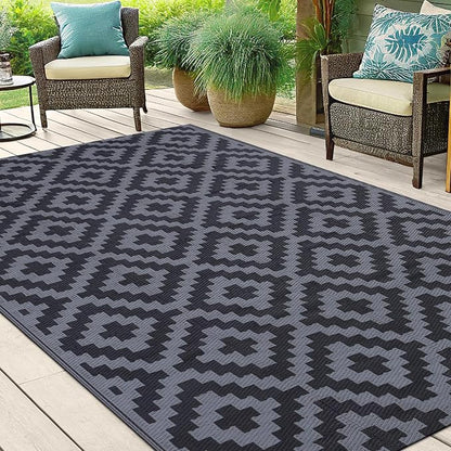Smiry Outdoor Rug 5x8 ft Waterproof Reversible Boho Mat, Black & Grey | Polypropylene Plastic Straw, Quick Drying, Lightweight Foldable, for Patio, Deck, RV Camping, Backyard and Indoor Outdoor Use