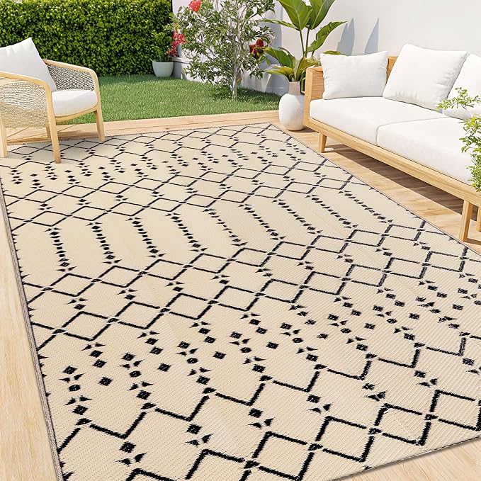 Smiry Outdoor Rug 8x10 ft Waterproof Reversible Boho Mat, Beige | Polypropylene Plastic Straw, Quick Drying, Lightweight Foldable, for Patio, Deck, RV Camping, Backyard and Indoor Outdoor Use
