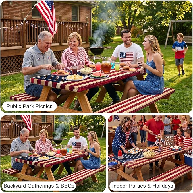 Picnic Table Cover with Bench Covers Windproof Waterproof Picnic Table Covers Camping Tablecloth with Self-Storage Bag, 72in, Vintage Wood Flag