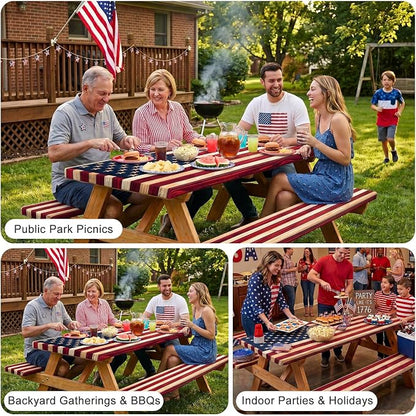 Picnic Table Cover with Bench Covers Windproof Waterproof Picnic Table Covers Camping Tablecloth with Self-Storage Bag, 72in, Vintage Wood Flag
