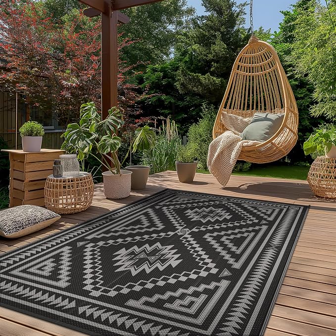 GENIMO Outdoor Rug, Waterproof Plastic Rugs for Patio, 8'x10' Charcoal Grey | Outside Larger Modern Carpet Mat for Porch Decor, Deck, Balcony, Camping, RV, Backyard, Picnic, Beach, Reversible, Foldable