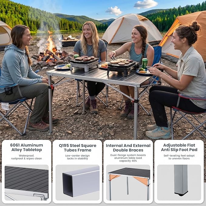 KingCamp Aluminum Folding Camping Table, 42.1" Foldable Lightweight Roll Up Camp Table Heavy Duty 2-6 People Portable Table for Camping Picnic BBQ RV, Indoor & Outdoor, Silver Black