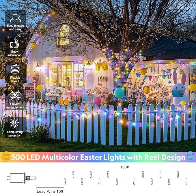 JMEXSUSS 500 LED Easter Christmas Lights Outdoor Indoor | 173ft Multicolor Christmas String Lights, 8 Modes Easter Christmas Tree Lights Plug in for Room Party Christmas Decorations