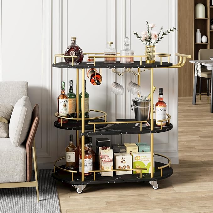 Garvee Bar Serving Cart with Wine Rack and Glass Holder, 3-Tier Rolling Serving Cart with 4 Wheels, Small Serving Table for Living Room, Kitchen, Dining Room, Gold+Black