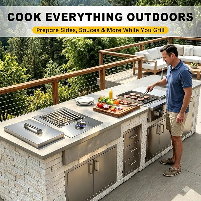 Built-In Single Side Burner for Outdoor Grill with Cover, LED Control Knob | Heavy-Duty 304 Stainless Steel Drop-In Side Burner, 17,500 BTU Natural Gas & Propane Burner for BBQ Island Outdoor Kitchen