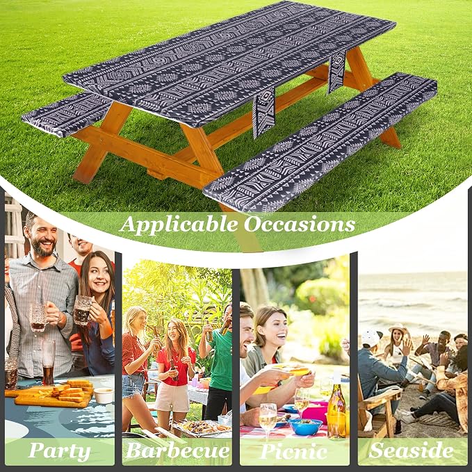 Wrakus Picnic Table Cover with Bench Covers Vinyl Elastic Edges Fitted Rectangle Seat Tables Waterproof 3-Piece96X30in Set Outdoor Rectangular Folding Backing Tablecloth for Camping Over Size