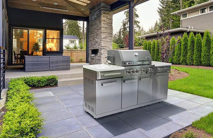 Mont Alpi Premium 70"W x 24"D x 46"H Stainless Steel Outdoor Kitchen Island + 32"W 4-Burner BBQ Grill with Infrared Burner + Storage Cabinets + White Granite Countertops + Natural Gas Conversion Kit