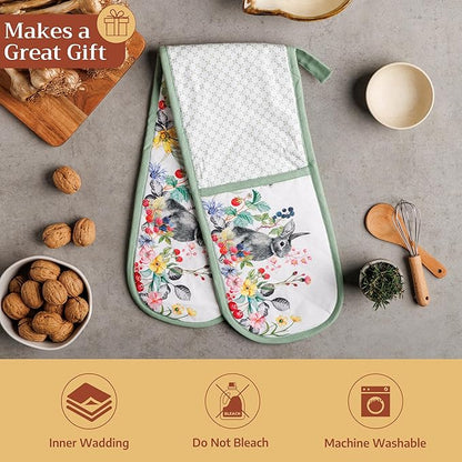 Maison d' Hermine Double Oven Mitts 100% Cotton 7"x35" Double Oven Mitt Heat Resistant BBQ Cooking Gloves with Loop Baking Grilling Kitchen Hotel Home Farmhouse Spring Summer (Printemps)