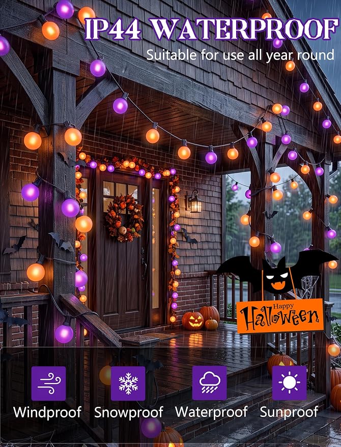 50FT G40 Halloween Orange and Purple Globe String Lights Outdoor Waterproof | Hanging Patio Light with 27 LED G40 Globe Bulbs, Plug in Outdoor Halloween Decorations Lights for Party Porch Garden Backyard