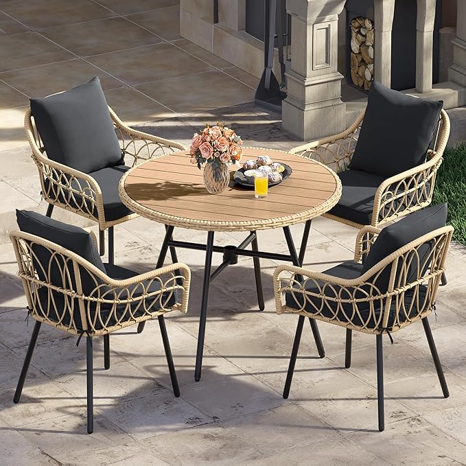 YITAHOME 5-Piece Outdoor Dining Table Set for 4, Rattan Patio Furniture Set with 4 Armchairs, Patio Table and Chairs Set with Plastic Wood Tabletop for Deck, Backyard, Black