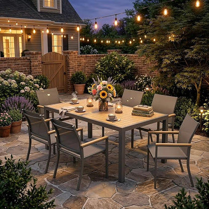 FansaFurn 7-Pieces Aluminum Patio Table and Chairs Set for All-Weather | Patio Furniture Set with Heavy Duty HDPS Rectangular Table, Outdoor Furniture with Quick-Dry Breathable Chairs for Patio