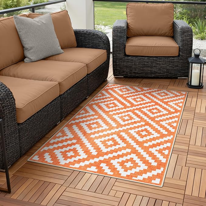 GENIMO Outdoor Rug 3'x5' Waterproof for Porch, Plastic Door Mat Mid Orange | Outside Modern Carpet for Patio Decor, Balcony, Deck, Backyard, Picnic, Camping, RV, Reversible, Foldable, Lightweight