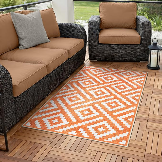 GENIMO Outdoor Rug 3'x5' Waterproof for Porch, Plastic Door Mat Mid Orange | Outside Modern Carpet for Patio Decor, Balcony, Deck, Backyard, Picnic, Camping, RV, Reversible, Foldable, Lightweight