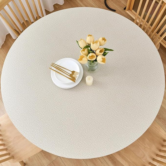 LIBERECOO Round Vinyl Fitted Tablecloth with Flannel Backing Elastic Edge Table Cover Waterproof Stain-Resistant Wipeable Tablecloths Fits 40-44 Inch Round Tables