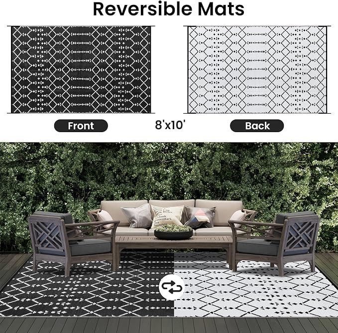 Smiry Outdoor Rug 8x10 ft Waterproof Reversible Boho Mat, Black | Polypropylene Plastic Straw, Quick Drying, Lightweight Foldable, for Patio, Deck, RV Camping, Backyard and Indoor Outdoor Use