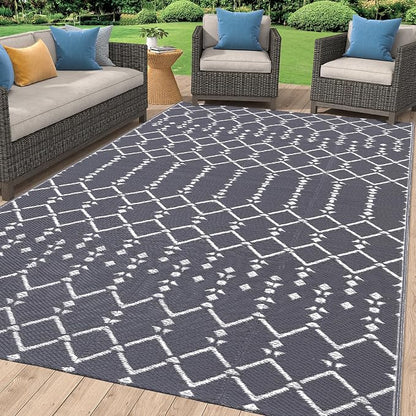 Smiry Outdoor Rug 6x9 ft Waterproof Reversible Boho Mat, Grey | Polypropylene Plastic Straw, Quick Drying, Lightweight Foldable, for Patio, Deck, RV Camping, Backyard and Indoor Outdoor Use
