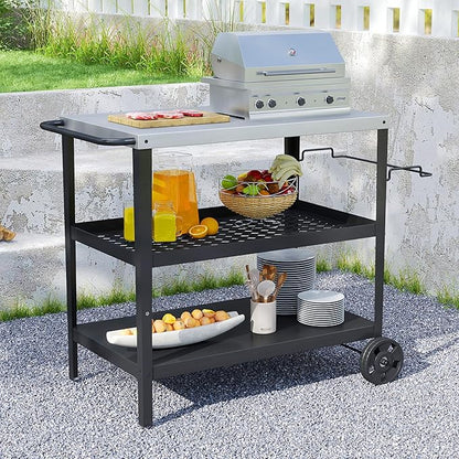3-Tier Outdoor Grill Table Stainless Steel BBQ Prep Cart with Storage, Rolling Grill Stand for Pizza Oven, Outdoor Kitchen Prep Table with Wheels